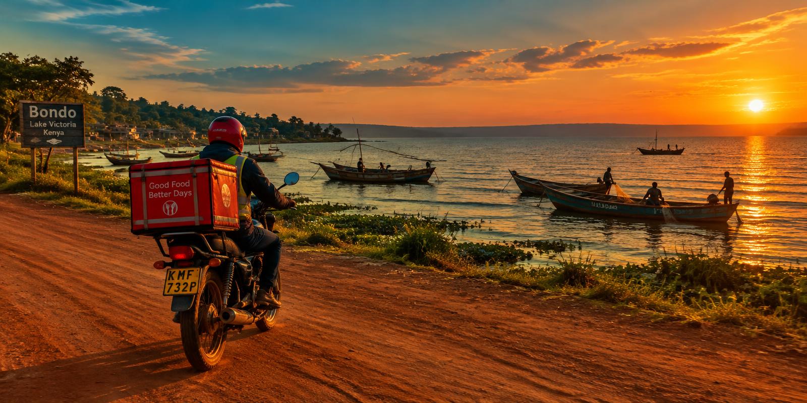 Delivery rider along the Lake Victoria shore at sunset